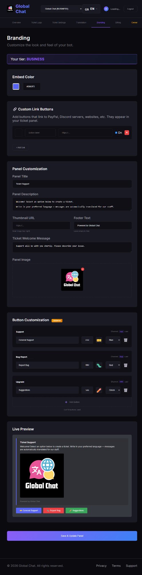 Global Chat Branding Dashboard