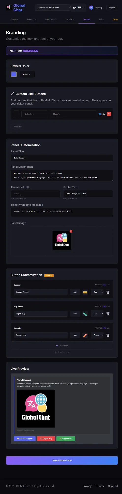 The Global Chat branding dashboard, showing embed colour, panel image and button label controls